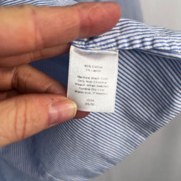 Talbots Blue White Pin Striped 3/4 Sleeve Ruffled Neckline Button Up Size 4 - Picture 9 of 10